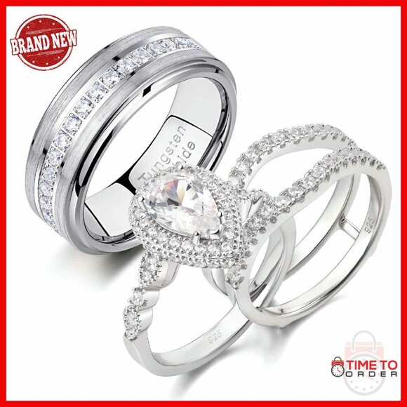 Jewelry - Pear Shape Cubic Zirconia Wedding Ring Set Sterling Silver Tungsten